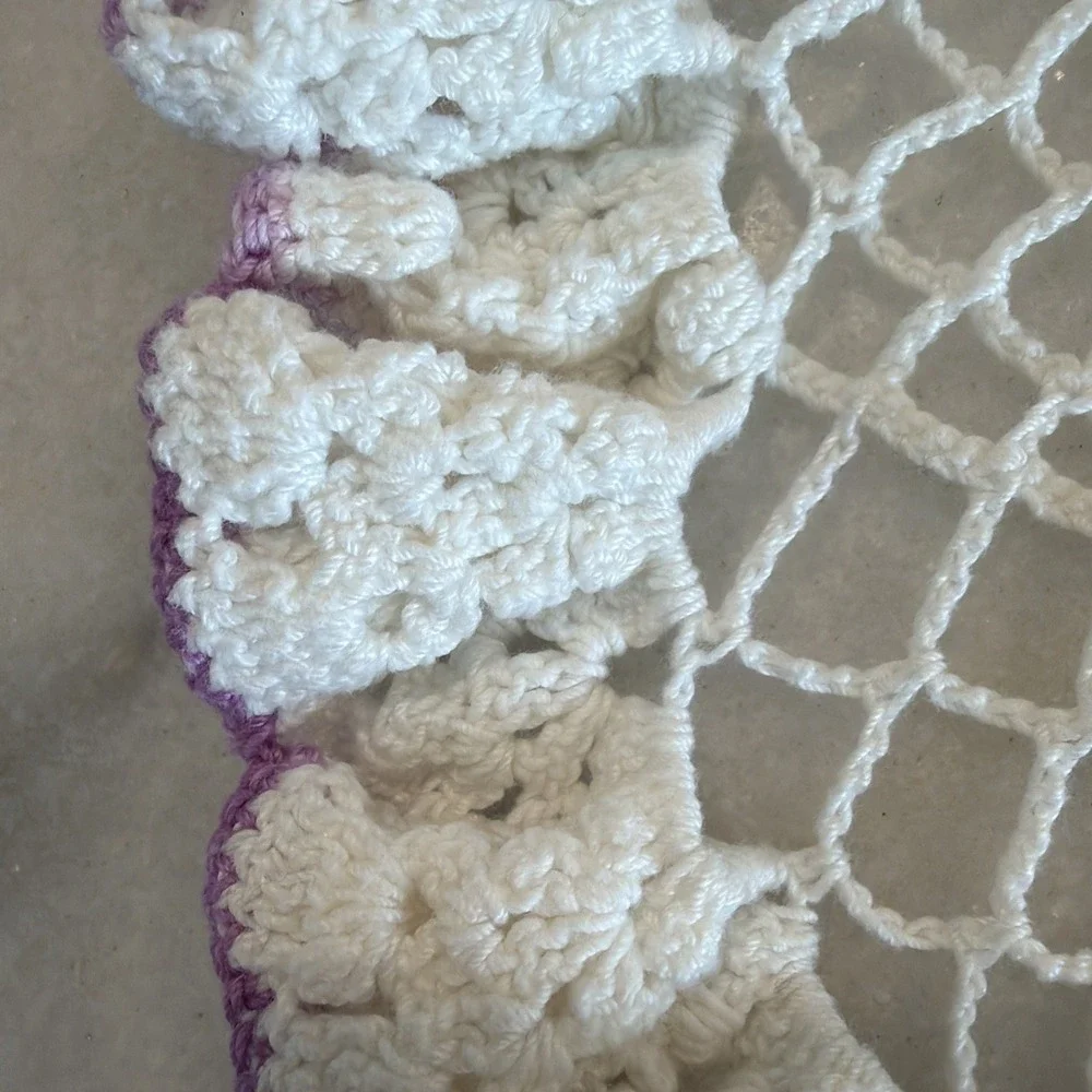 vintage hand crocheted doily White With Lilac Trim GWB000